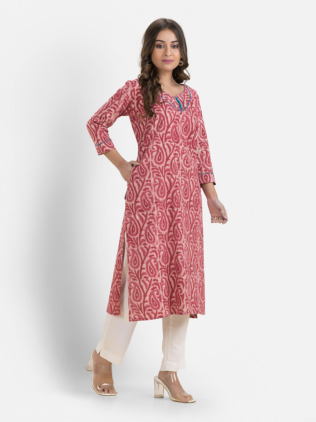 Women's Sweet Heart Neck Cotton Pink Kurta