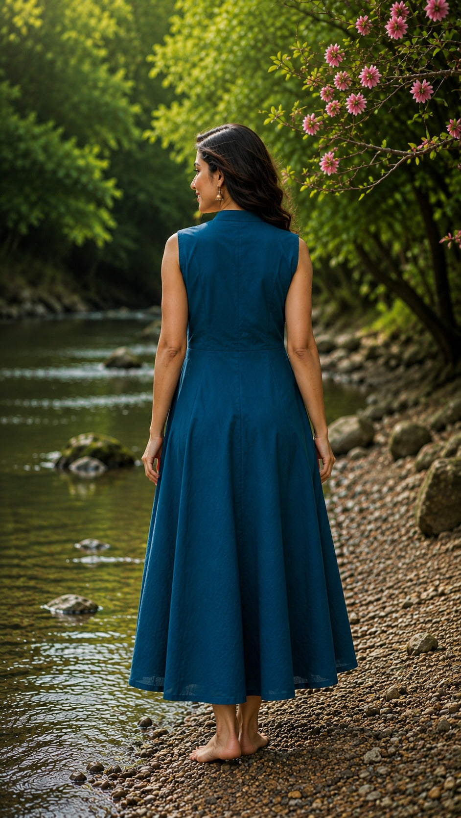 Women's Blue Floral Embroidered Halterneck Dress