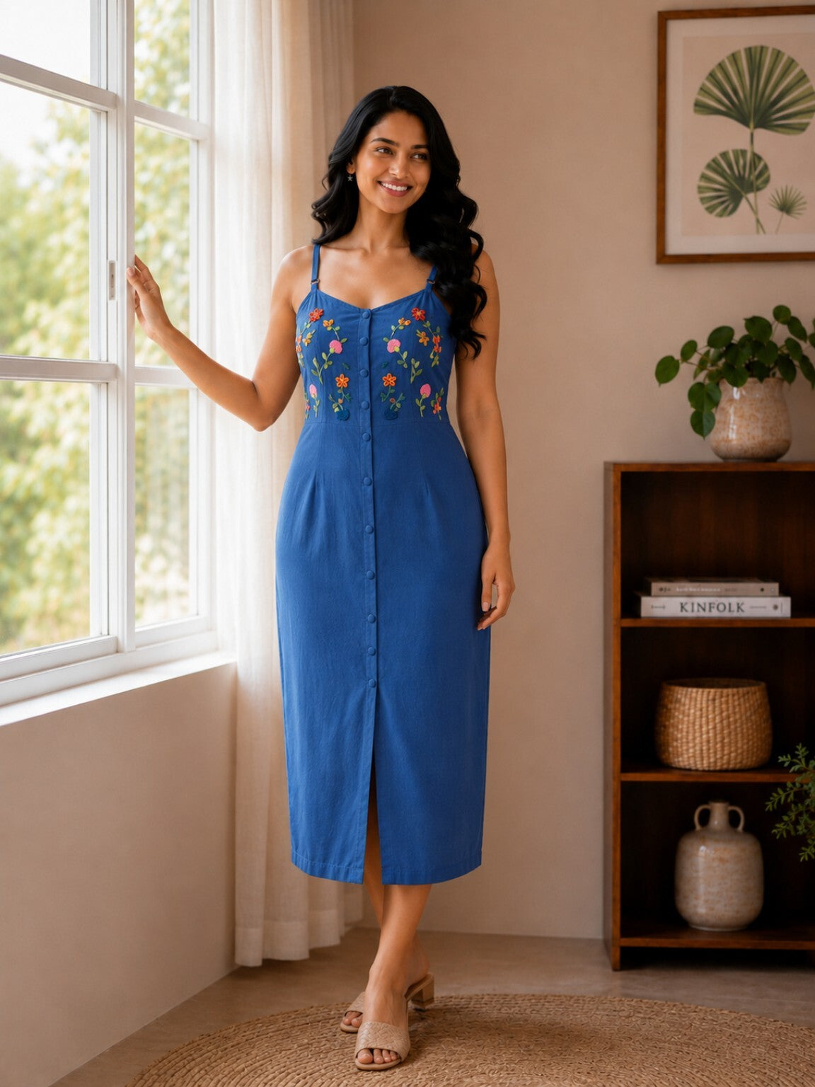 Women's Floral Thred Work Royal Blue Strap Dress