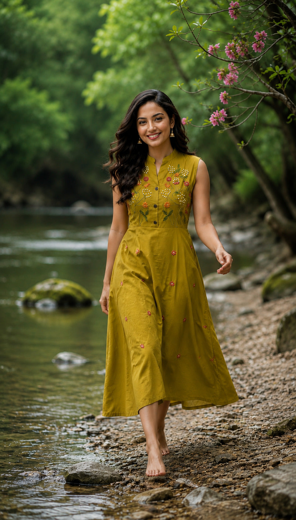Women's Green Floral Embroidered Halterneck Dress