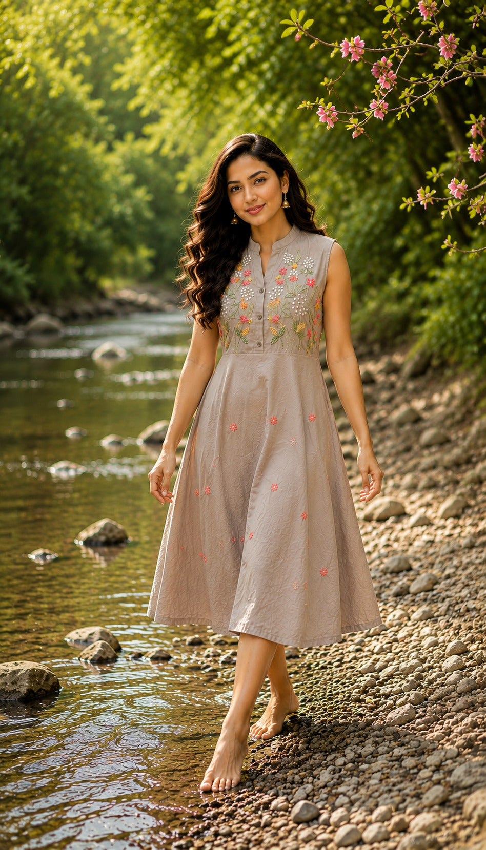 Women's Grey Floral Embroidered Halterneck Dress