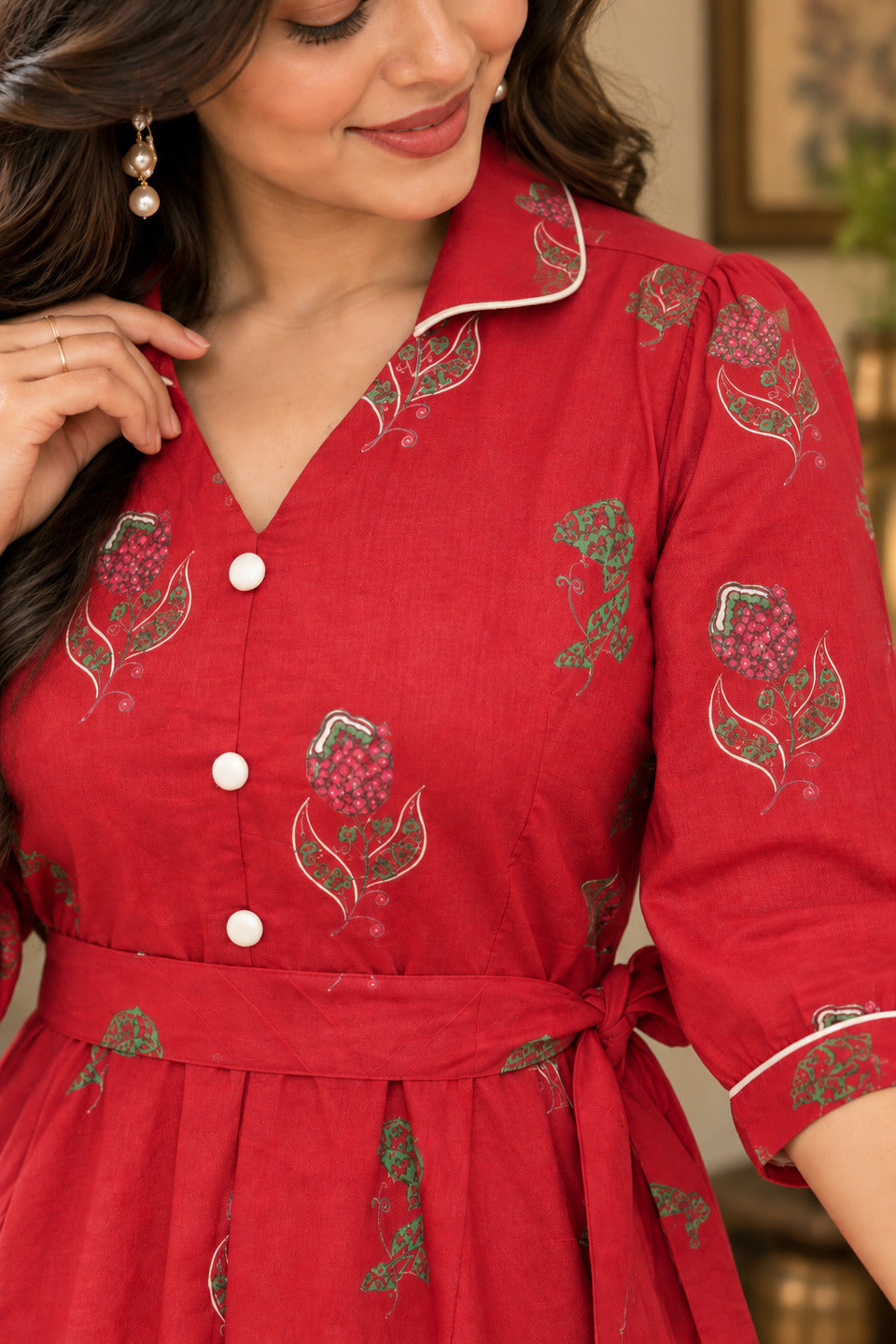Women's Red Lapel Collar Dress