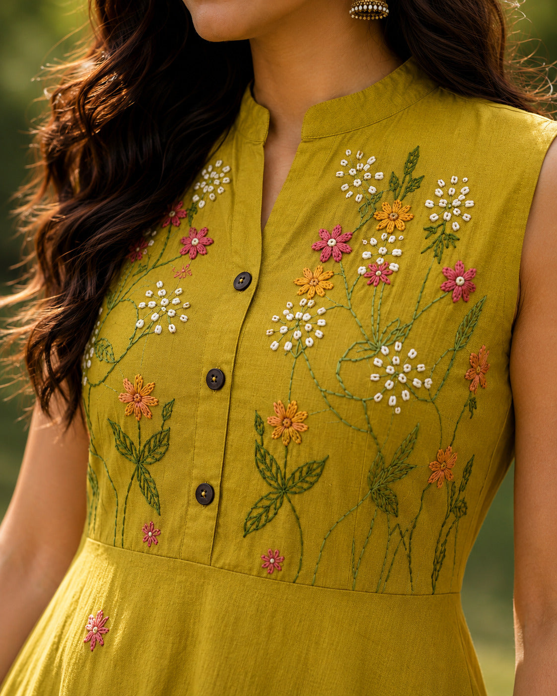 Women's Green Floral Embroidered Halterneck Dress