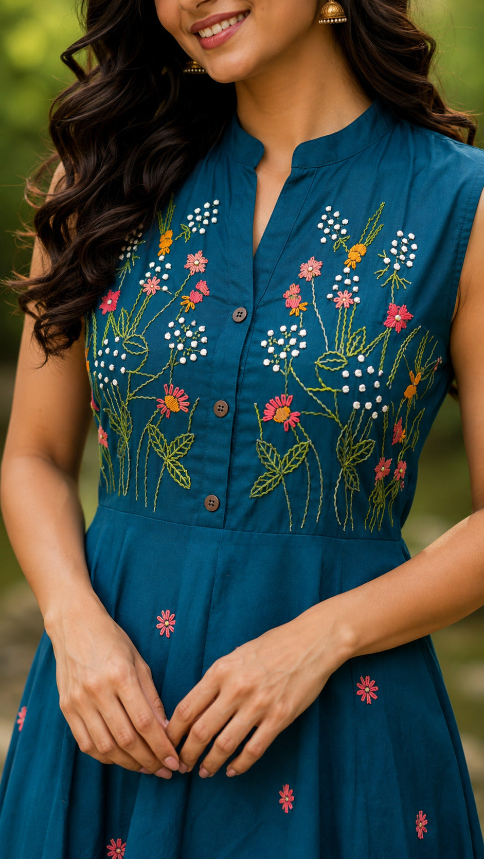 Women's Blue Floral Embroidered Halterneck Dress