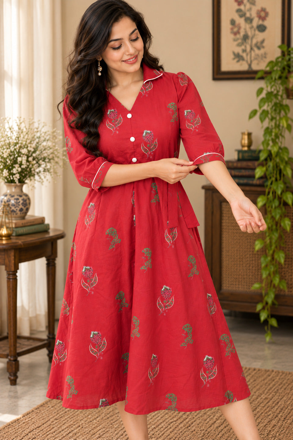 Women's Red Lapel Collar Dress