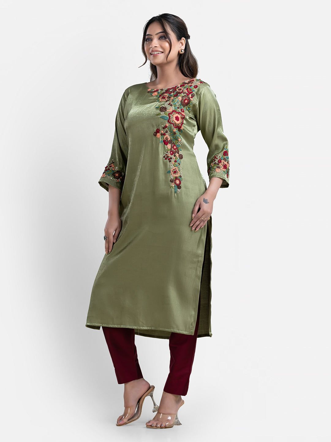 Women's 3/4th Sleeves Thread Work Bottle Green Kurti