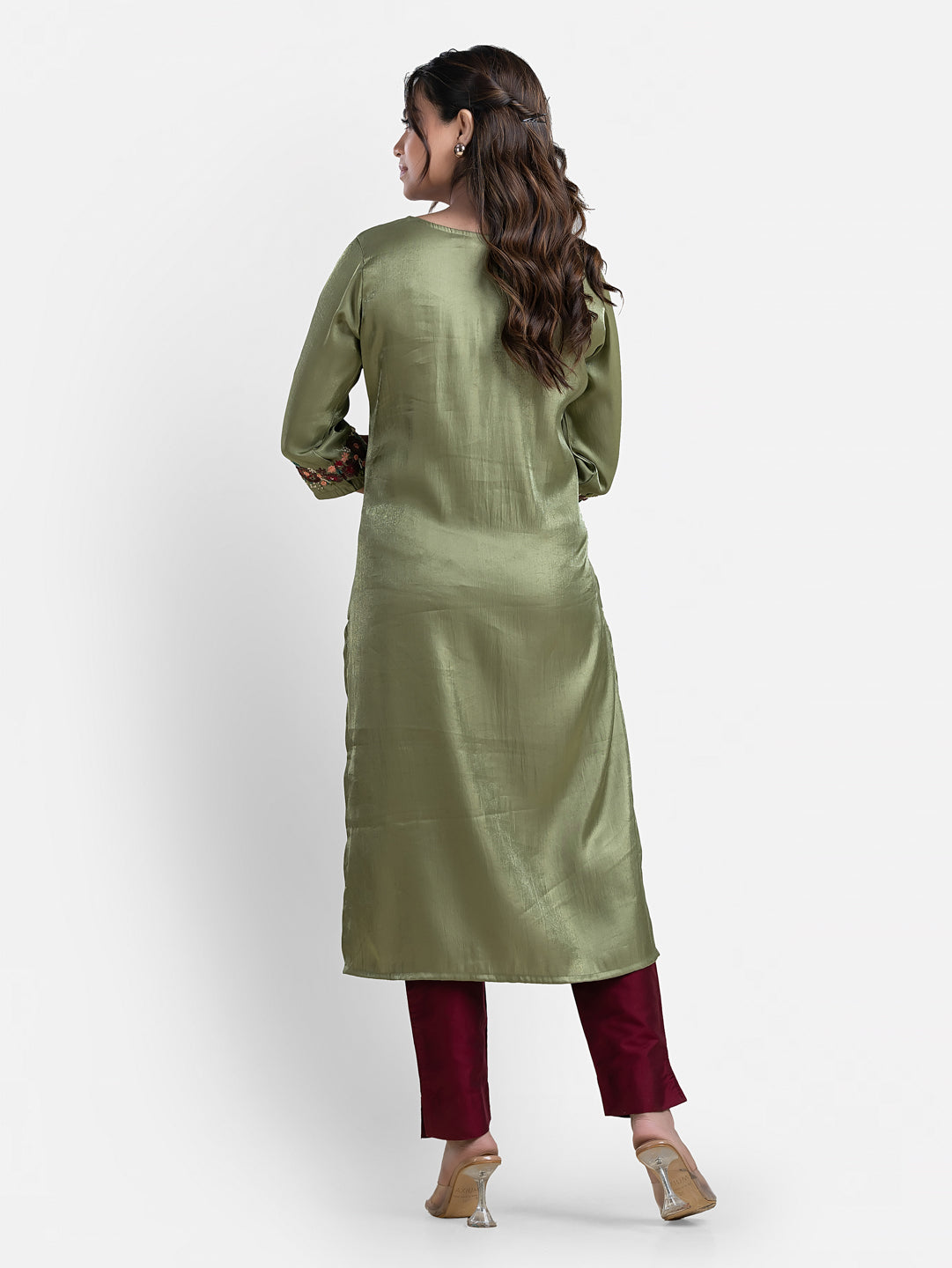 Women's 3/4th Sleeves Thread Work Bottle Green Kurti