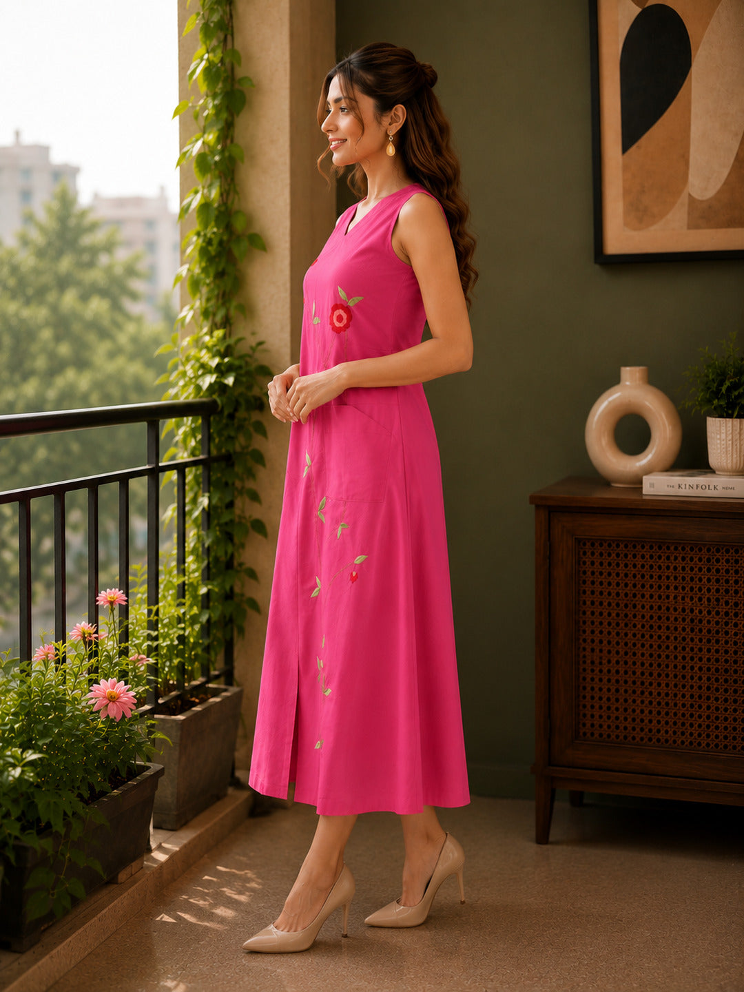 Pink embroidered women's dress from Crazy Needle Online featuring intricate embroidery and a stylish holiday dress design.