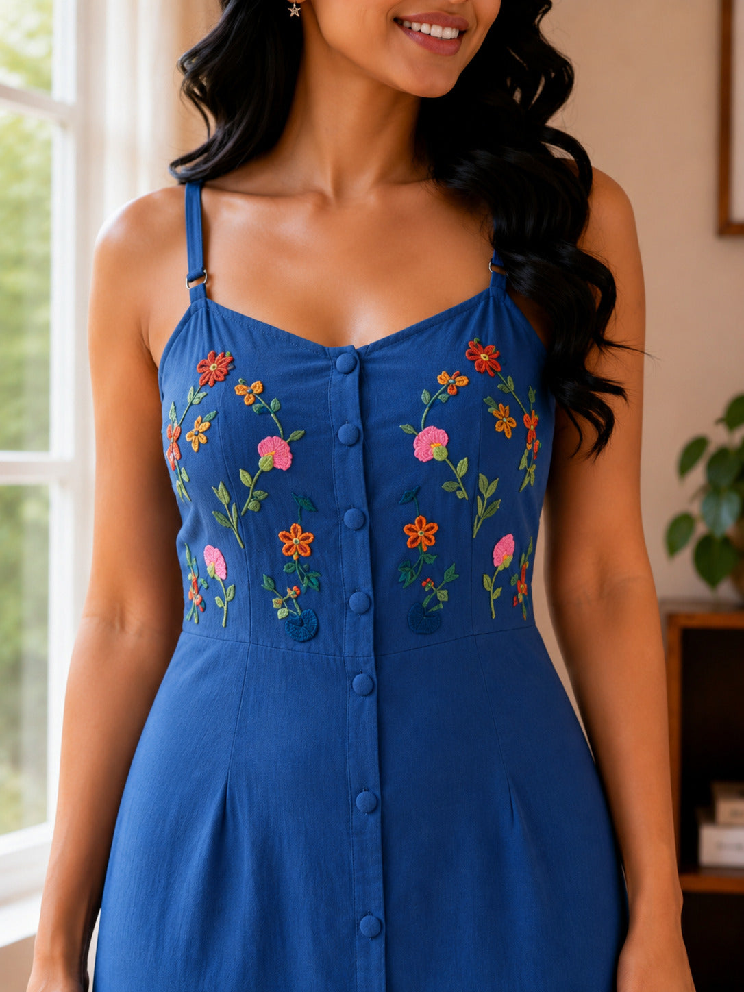 Women's Floral Thred Work Royal Blue Strap Dress