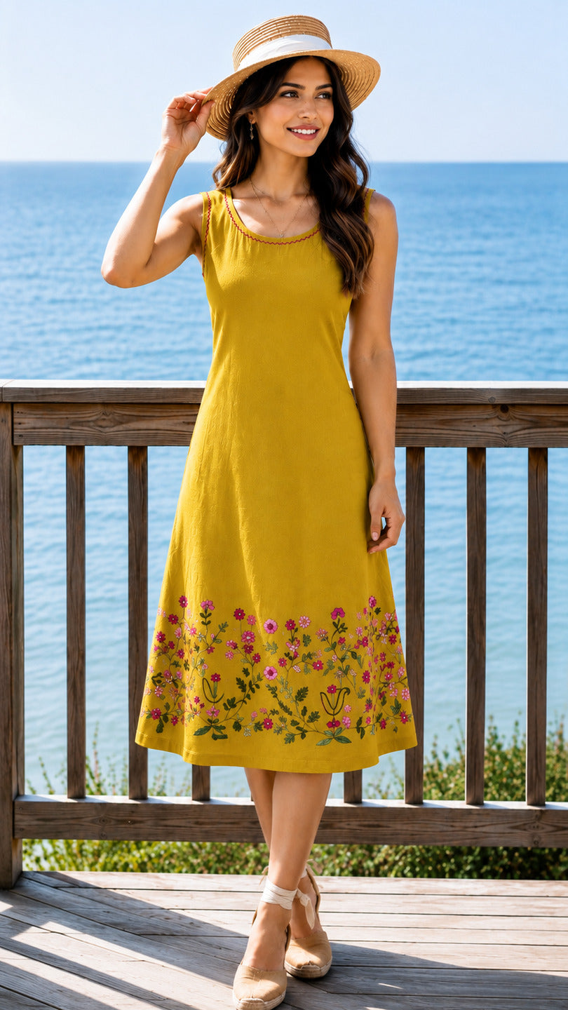 Women's Thread Work Yellow Dress