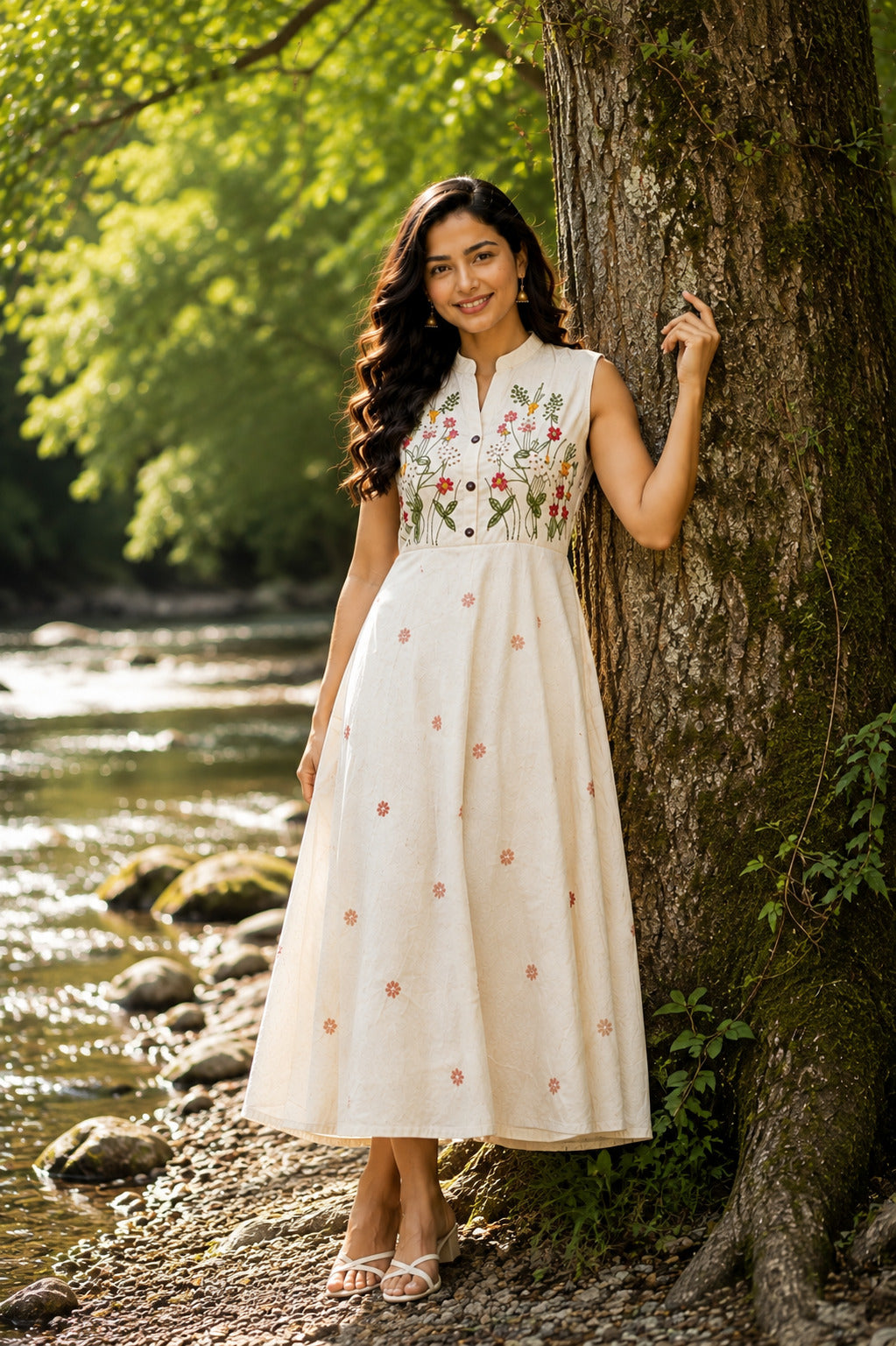 Women's White Floral Embroidered Halterneck Dress