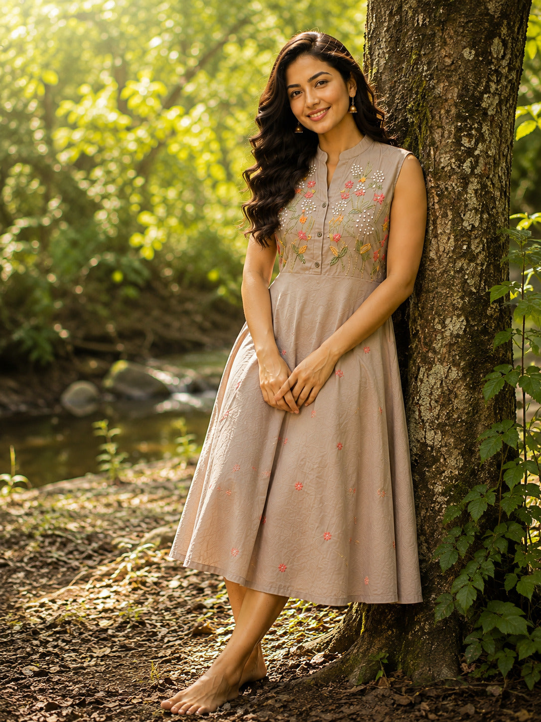 Women's Grey Floral Embroidered Halterneck Dress