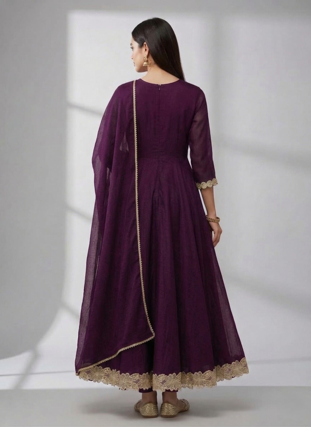 Three images of a women's purple dress with matching pants and dupatta by Crazy Needle Online. Elegant traditional attire.