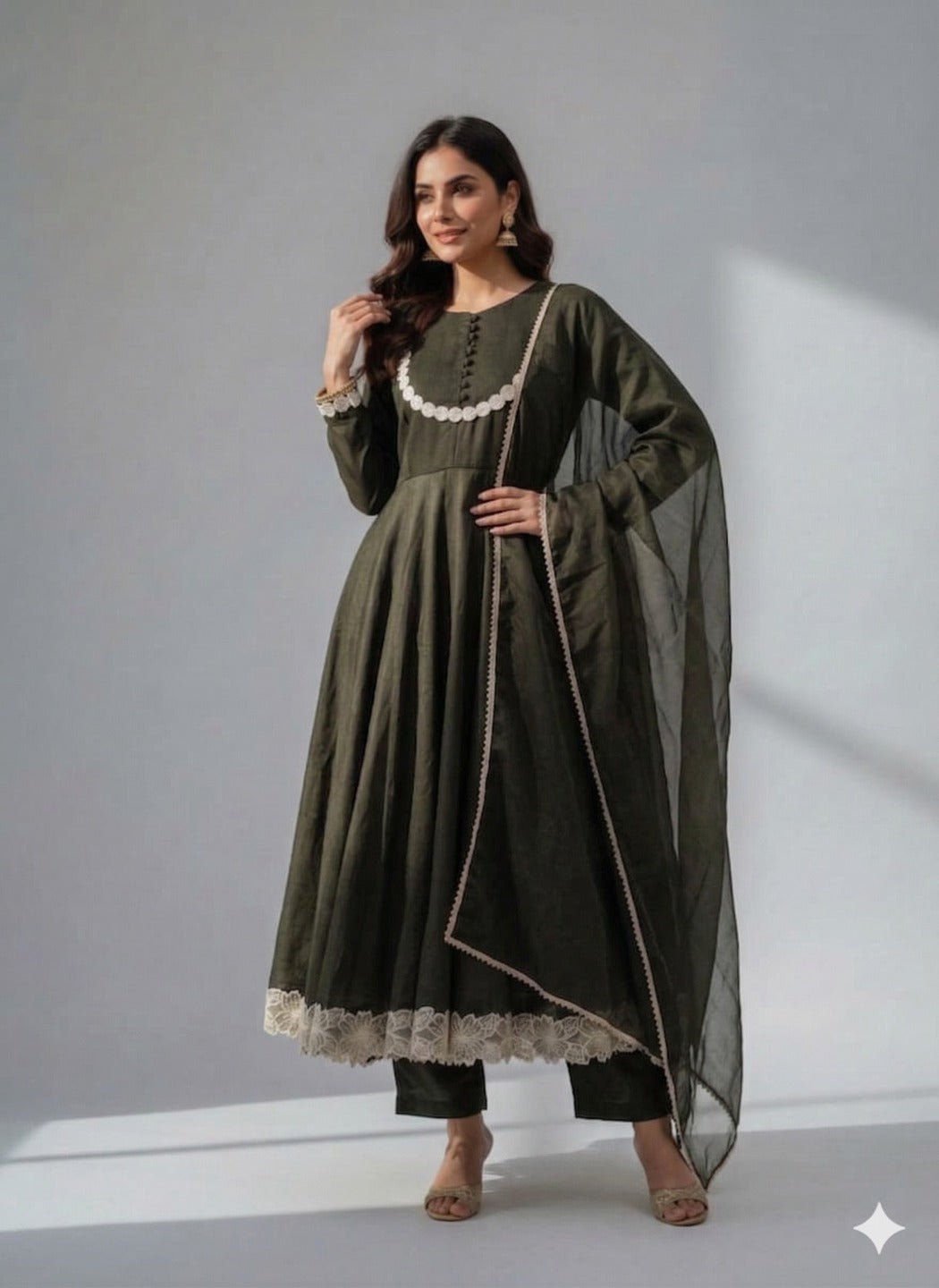 Women's Bottle Green Dress With Pant And Dupatta