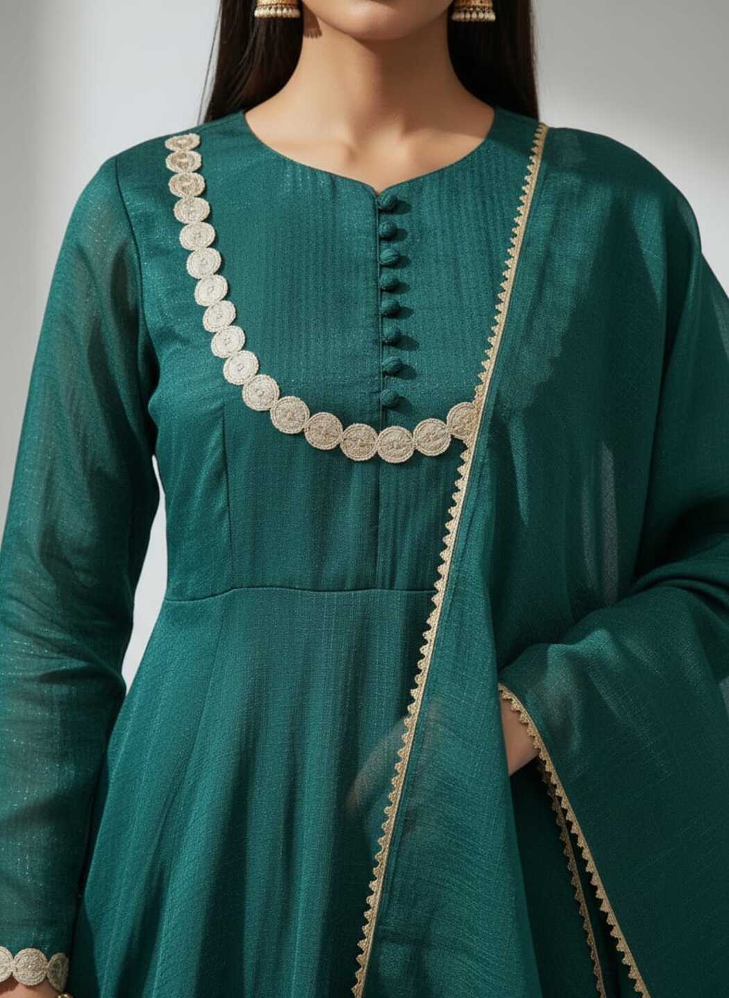 Three images of a women's green Anarkali dress with matching pants and dupatta from Crazy Needle Online.