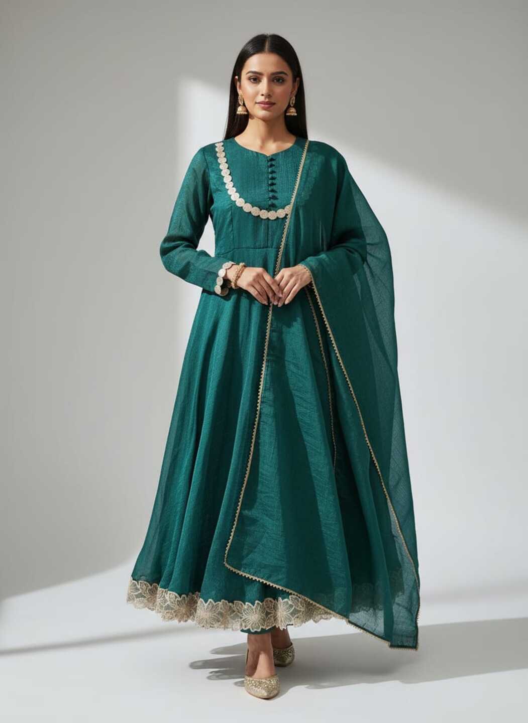 Three images of women's green Anarkali dress with matching pant and dupatta, featuring intricate embroidery and flowing fabric.