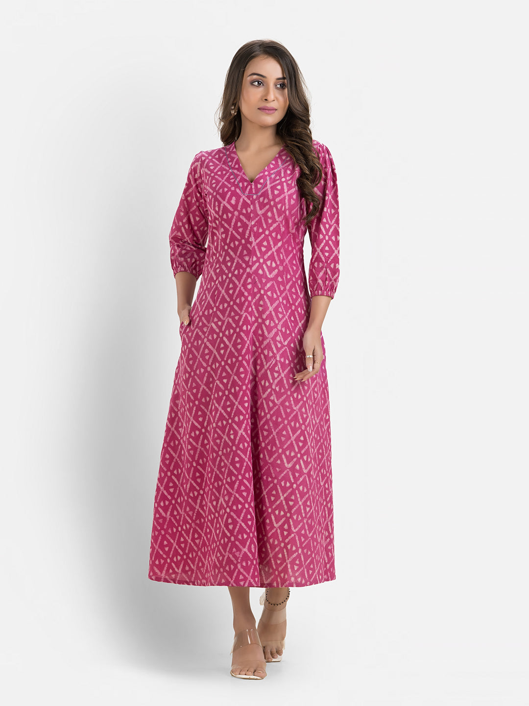 Women's Printed Pink Cotton Maxi Dress