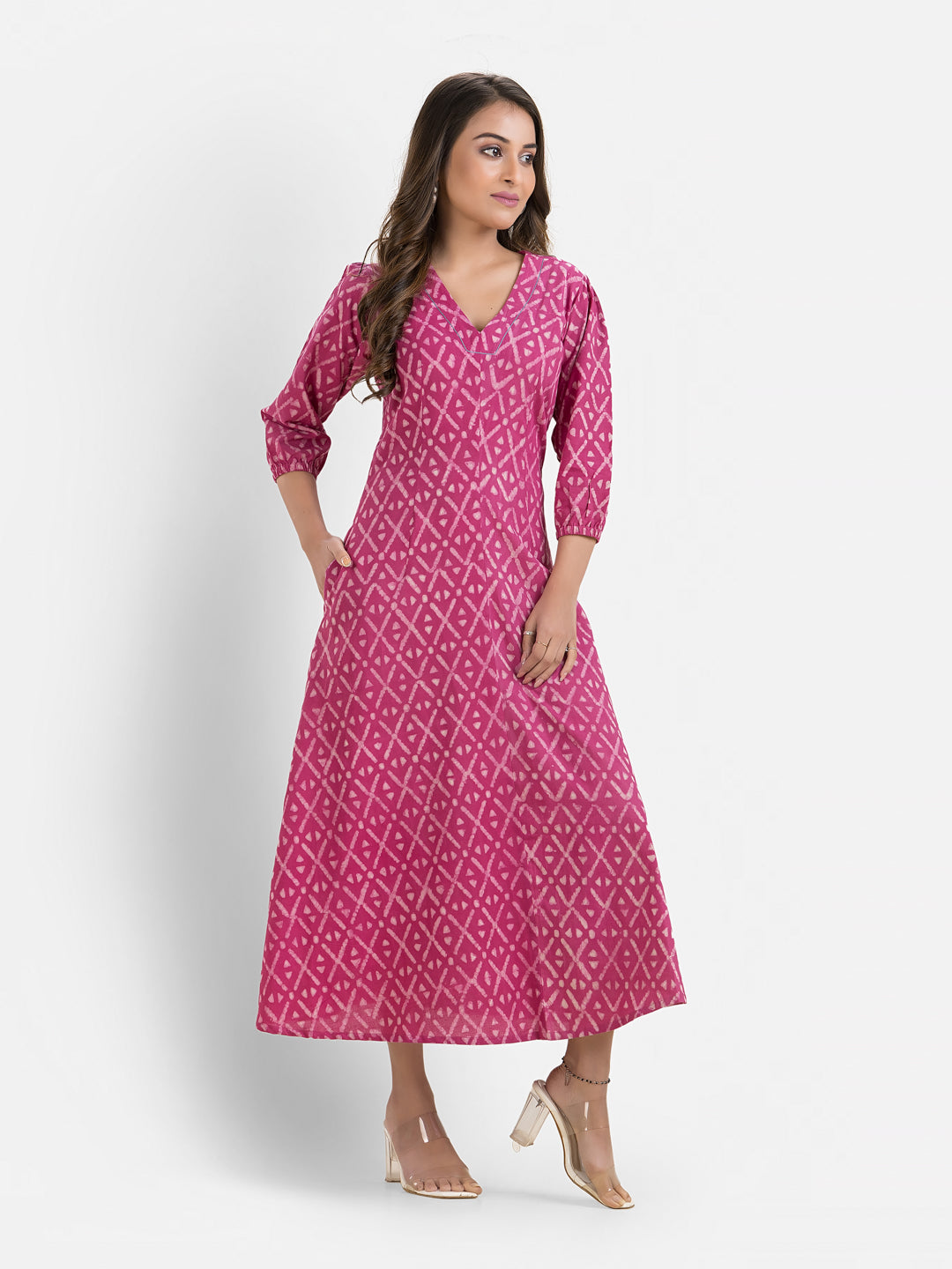 Women's Printed Pink Cotton Maxi Dress