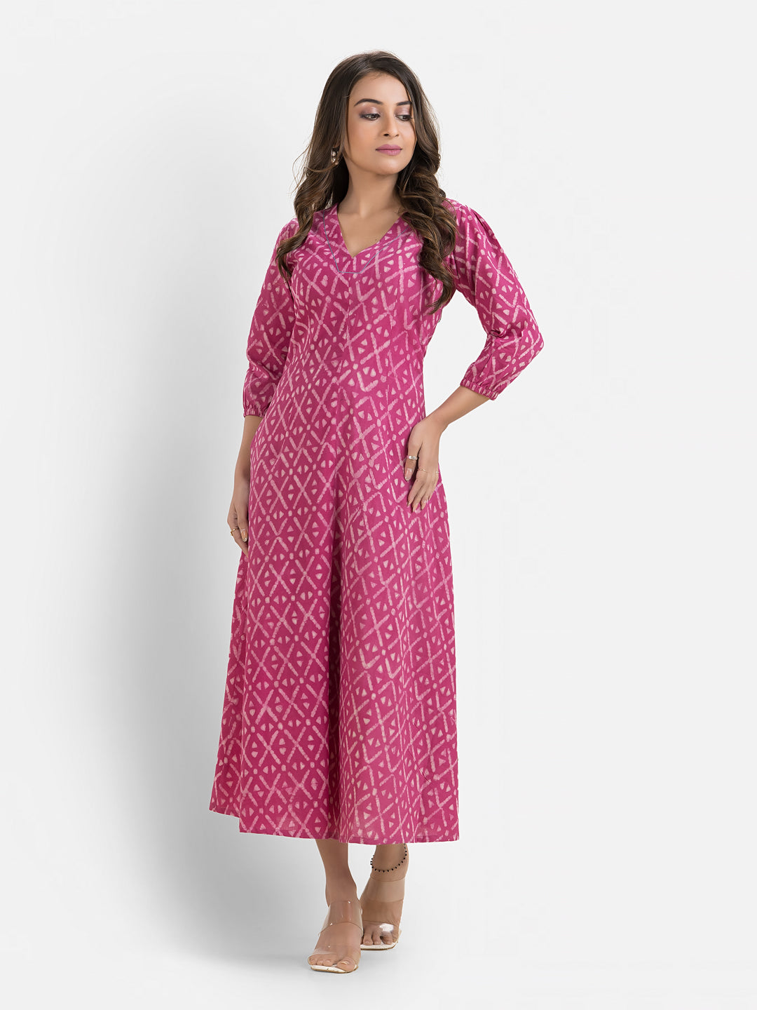 Women's Printed Pink Cotton Maxi Dress