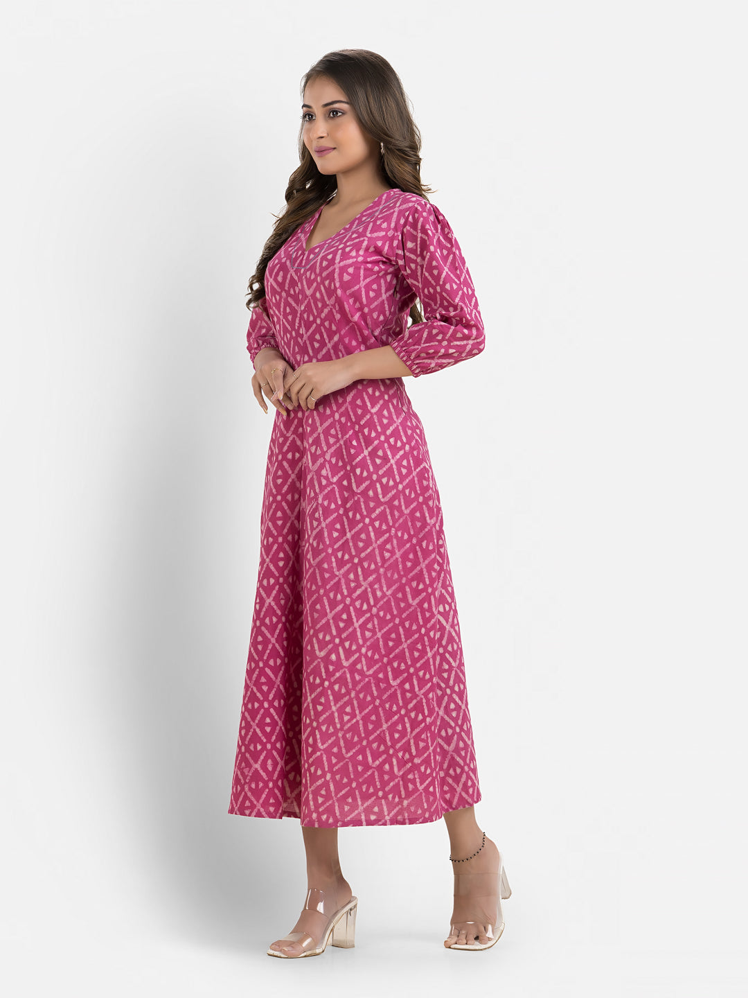 Women's Printed Pink Cotton Maxi Dress