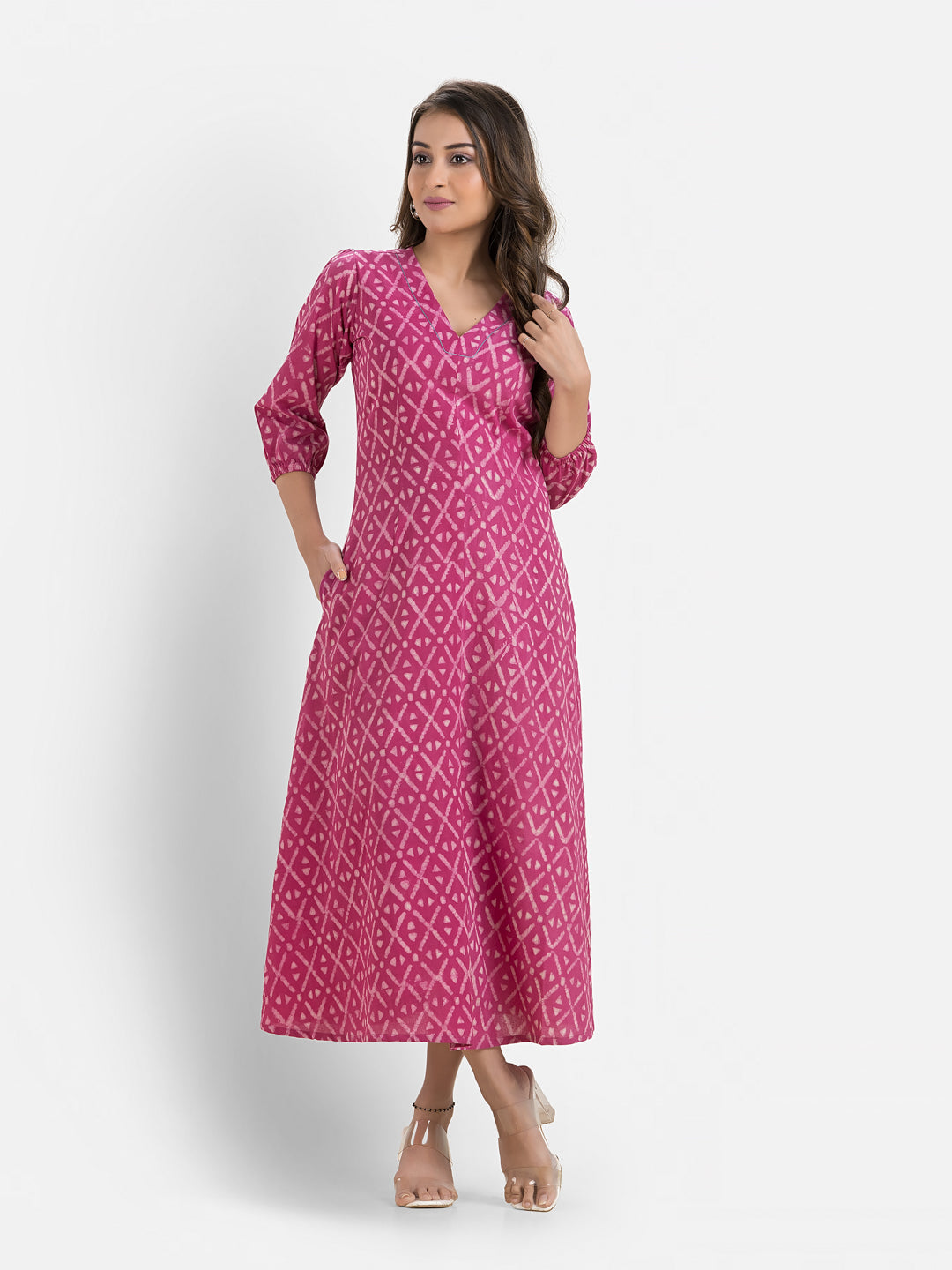 Women's Printed Pink Cotton Maxi Dress
