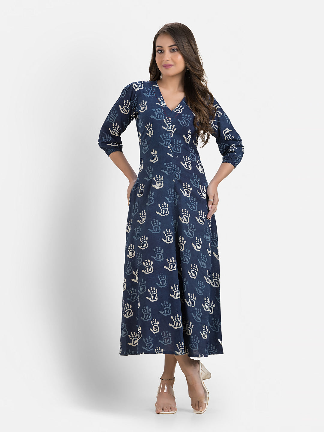 Women's Printed Navy Blue Cotton Maxi Dress