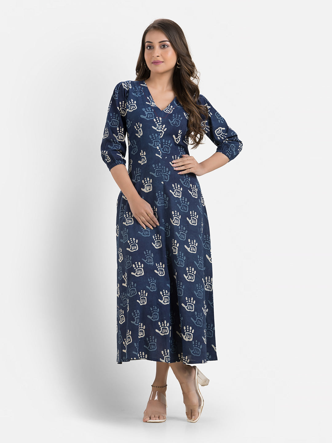 Women's Printed Navy Blue Cotton Maxi Dress
