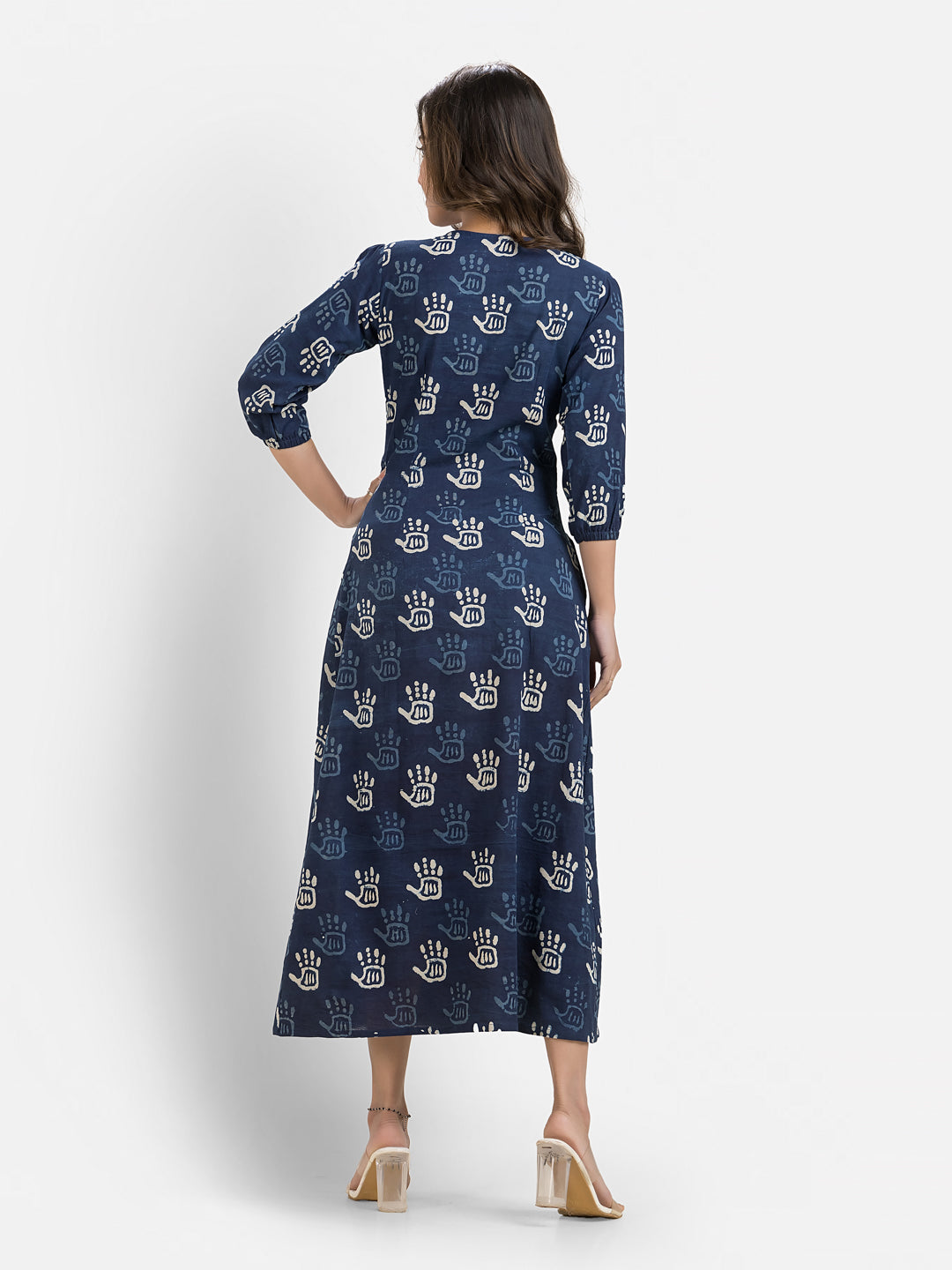 Women's Printed Navy Blue Cotton Maxi Dress