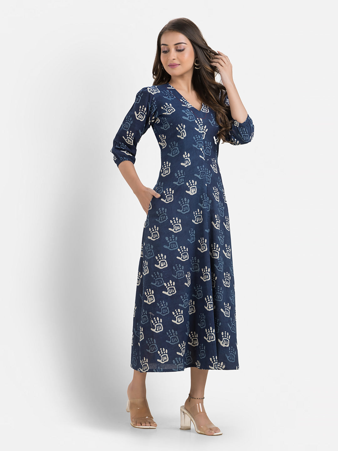 Women's Printed Navy Blue Cotton Maxi Dress