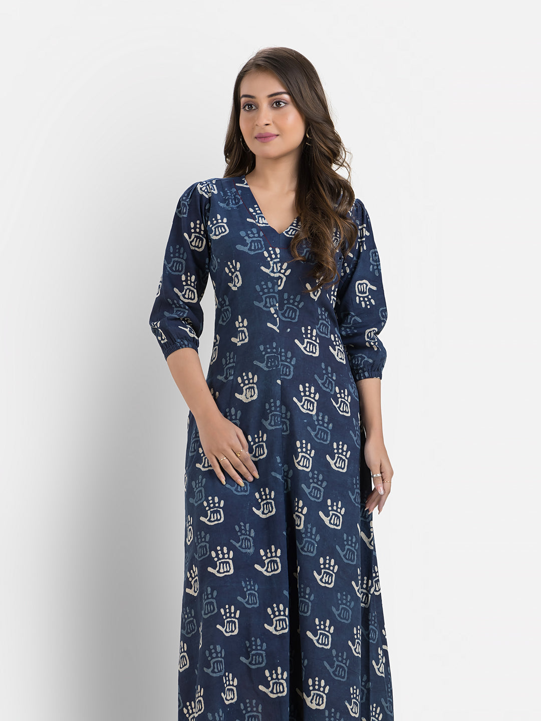 Women's Printed Navy Blue Cotton Maxi Dress