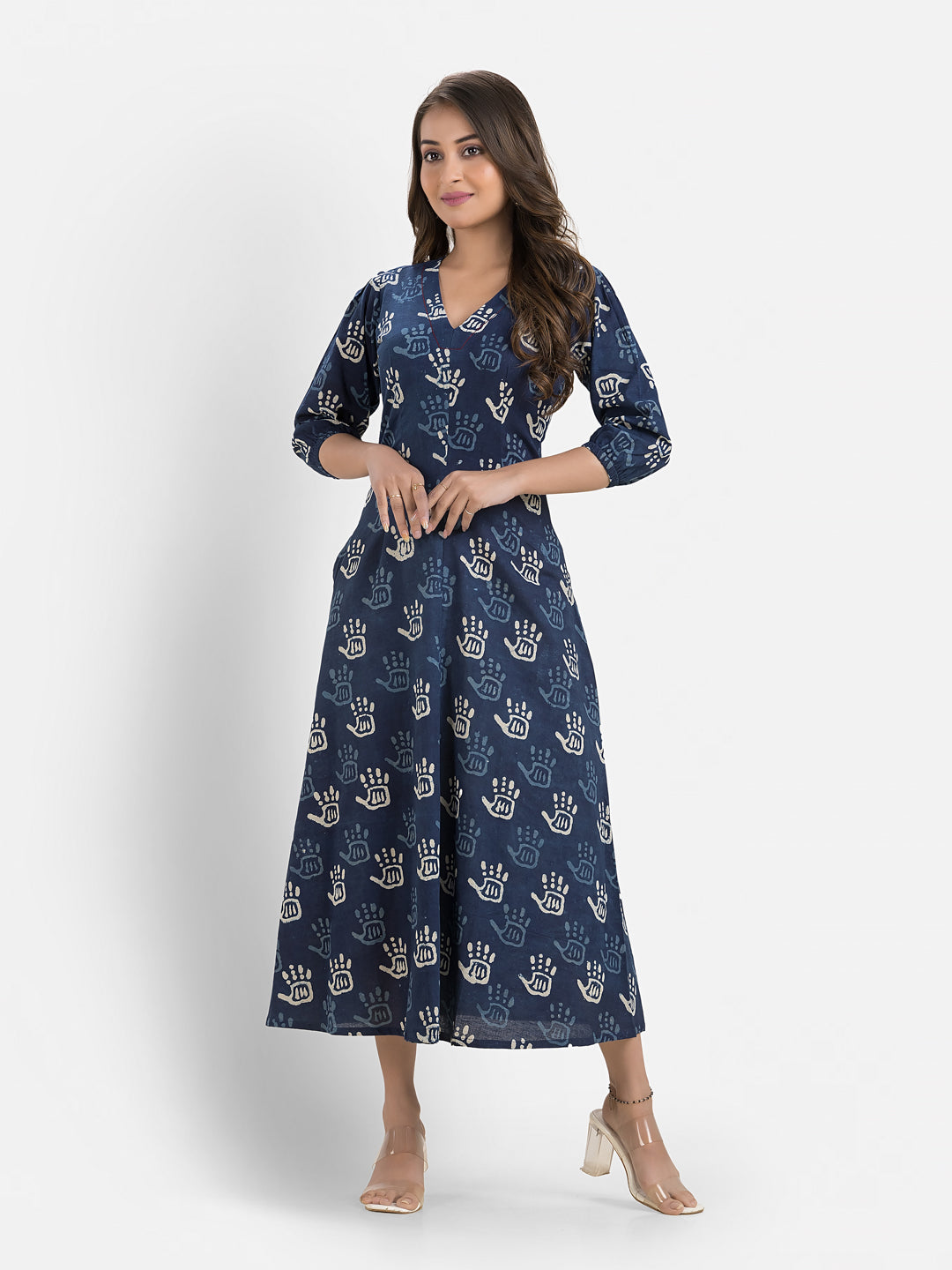 Women's Printed Navy Blue Cotton Maxi Dress