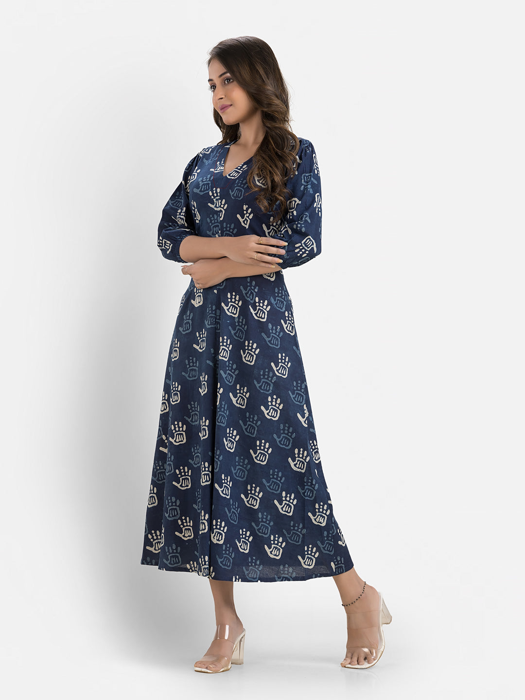 Women's Printed Navy Blue Cotton Maxi Dress