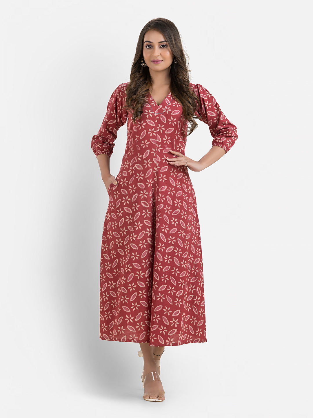 Women's Printed Red Cotton Maxi Dress