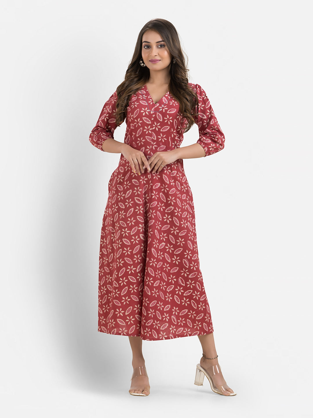 Women's Printed Red Cotton Maxi Dress