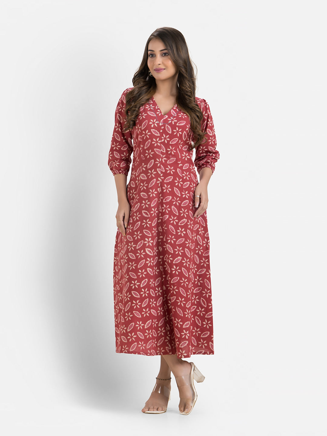 Women's Printed Red Cotton Maxi Dress