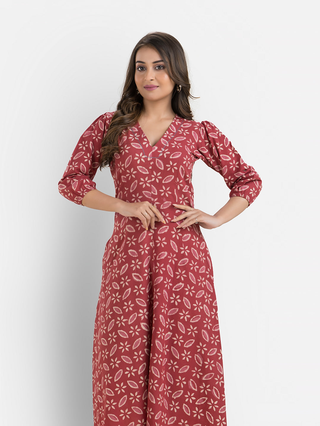 Women's Printed Red Cotton Maxi Dress