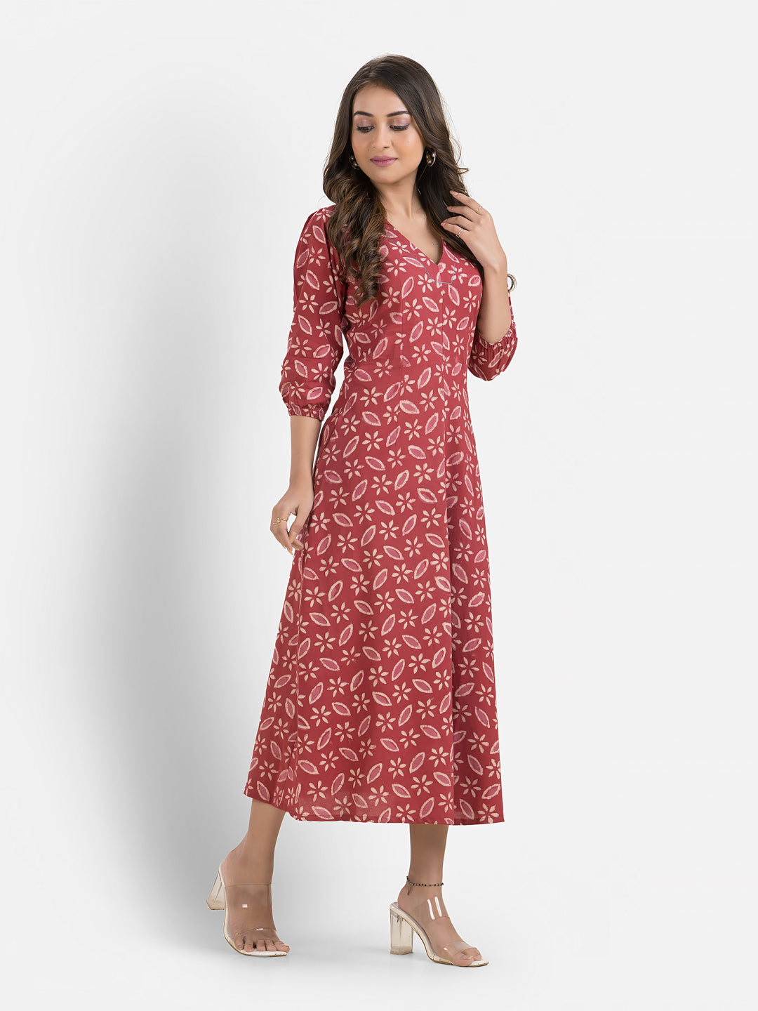 Women's Printed Red Cotton Maxi Dress