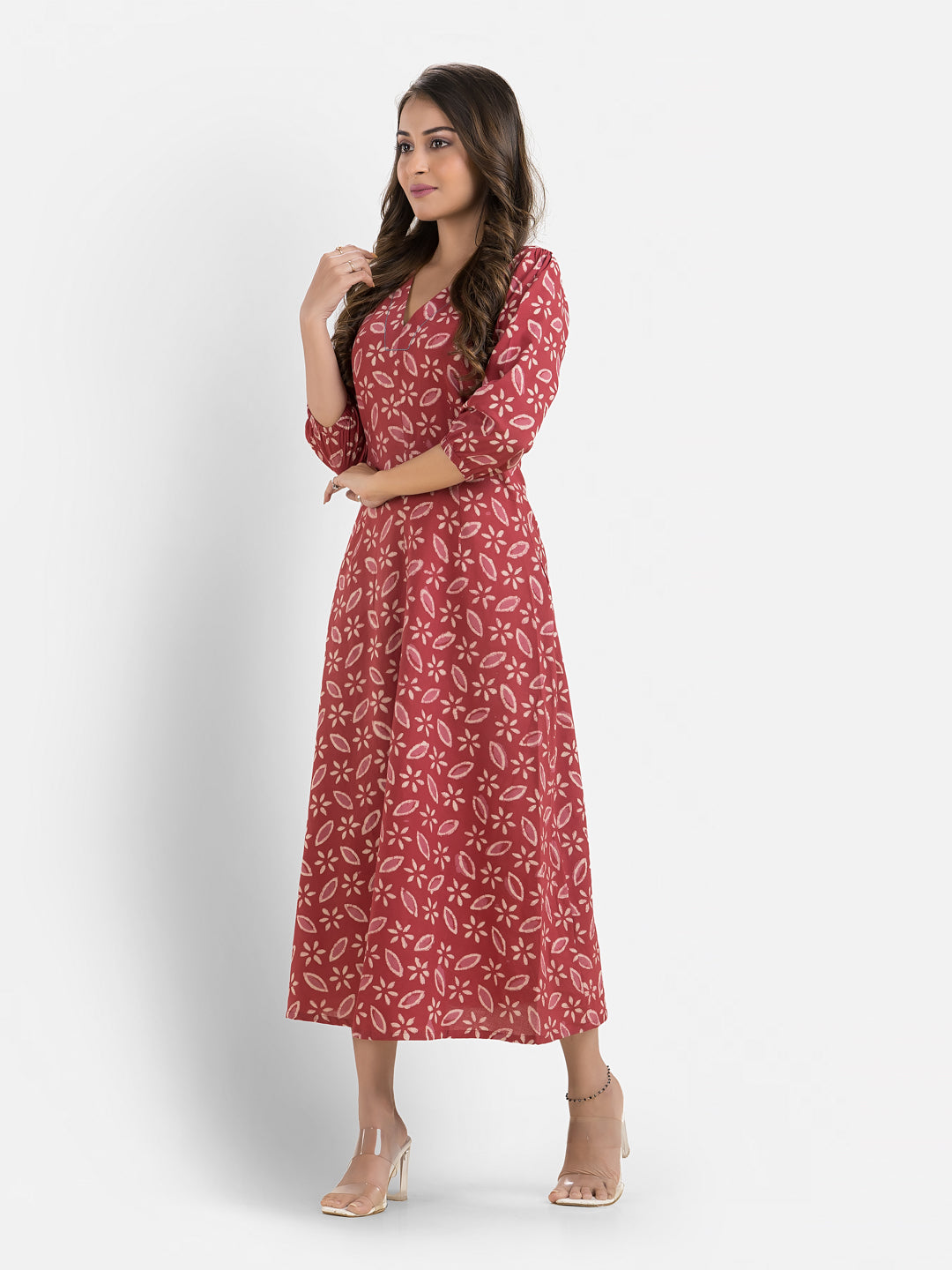 Women's Printed Red Cotton Maxi Dress