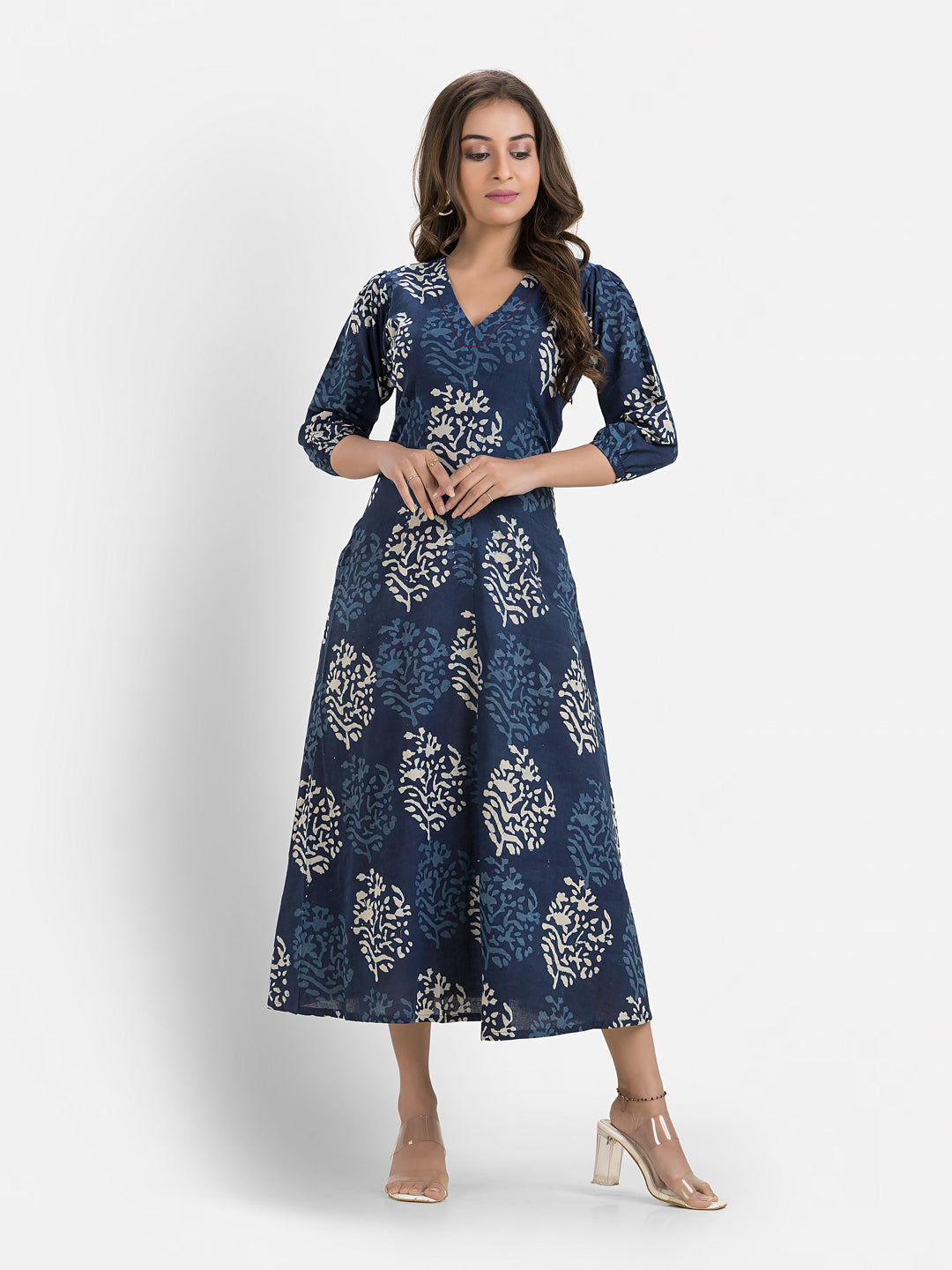 Women's Printed Blue Cotton Maxi Dress