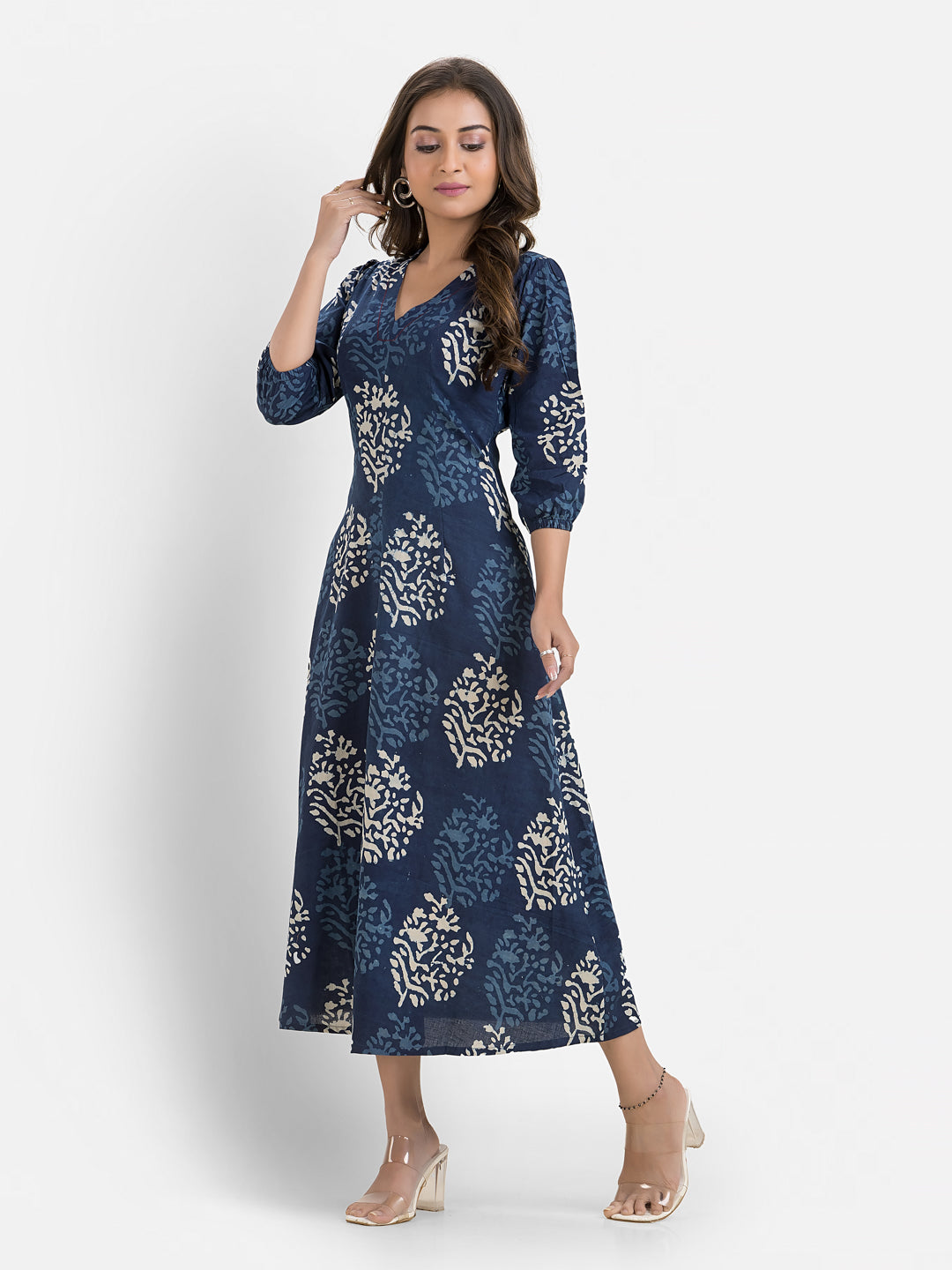 Women's Printed Blue Cotton Maxi Dress