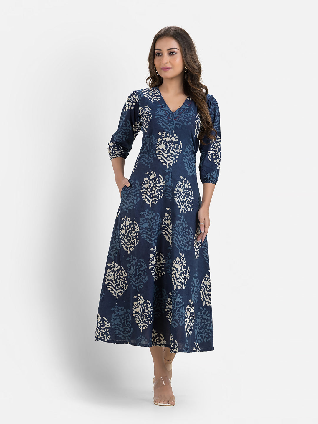 Women's Printed Blue Cotton Maxi Dress