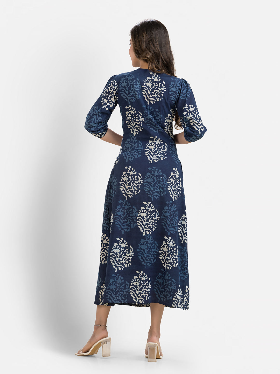 Women's Printed Blue Cotton Maxi Dress