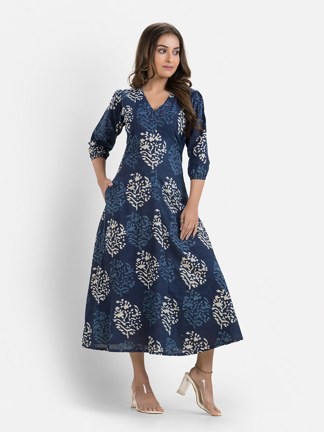 Women's Printed Blue Cotton Maxi Dress