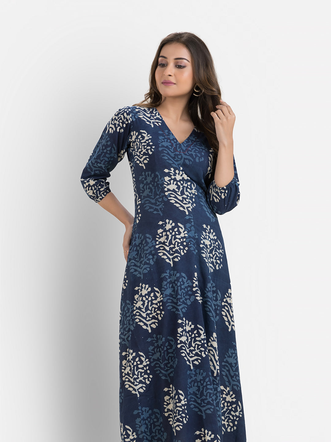 Women's Printed Blue Cotton Maxi Dress
