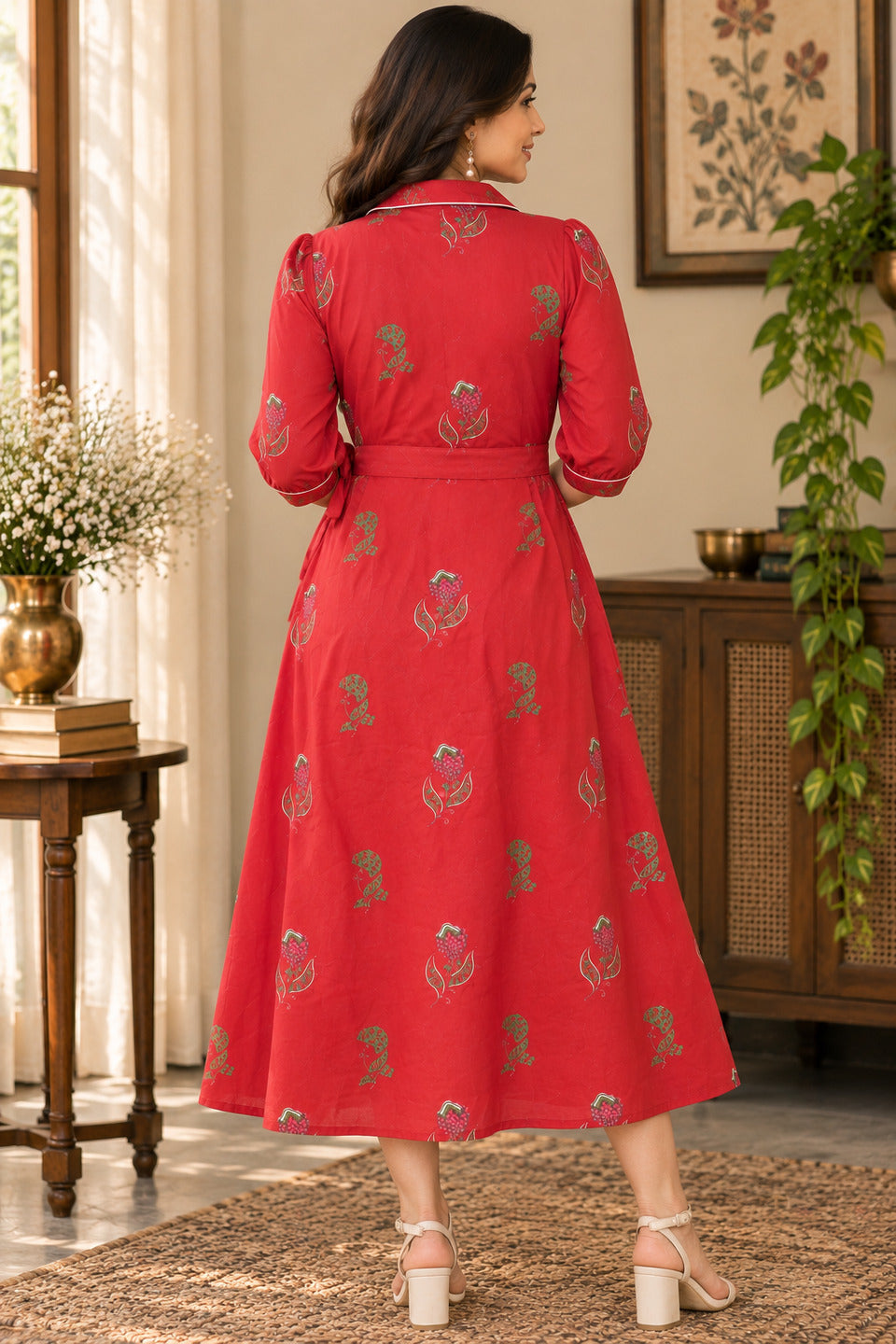 Women's Red Lapel Collar Dress