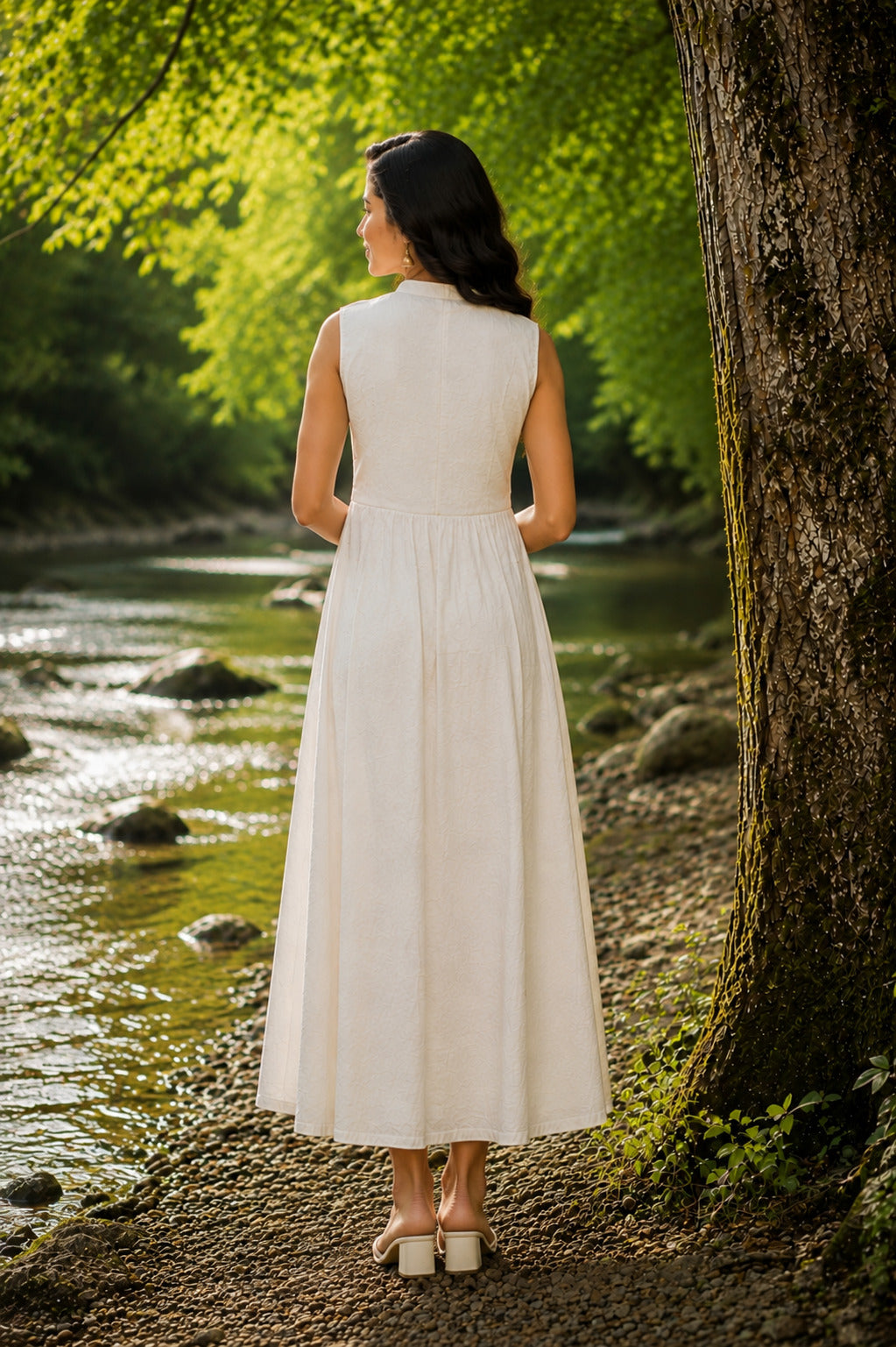 Women's White Floral Embroidered Halterneck Dress