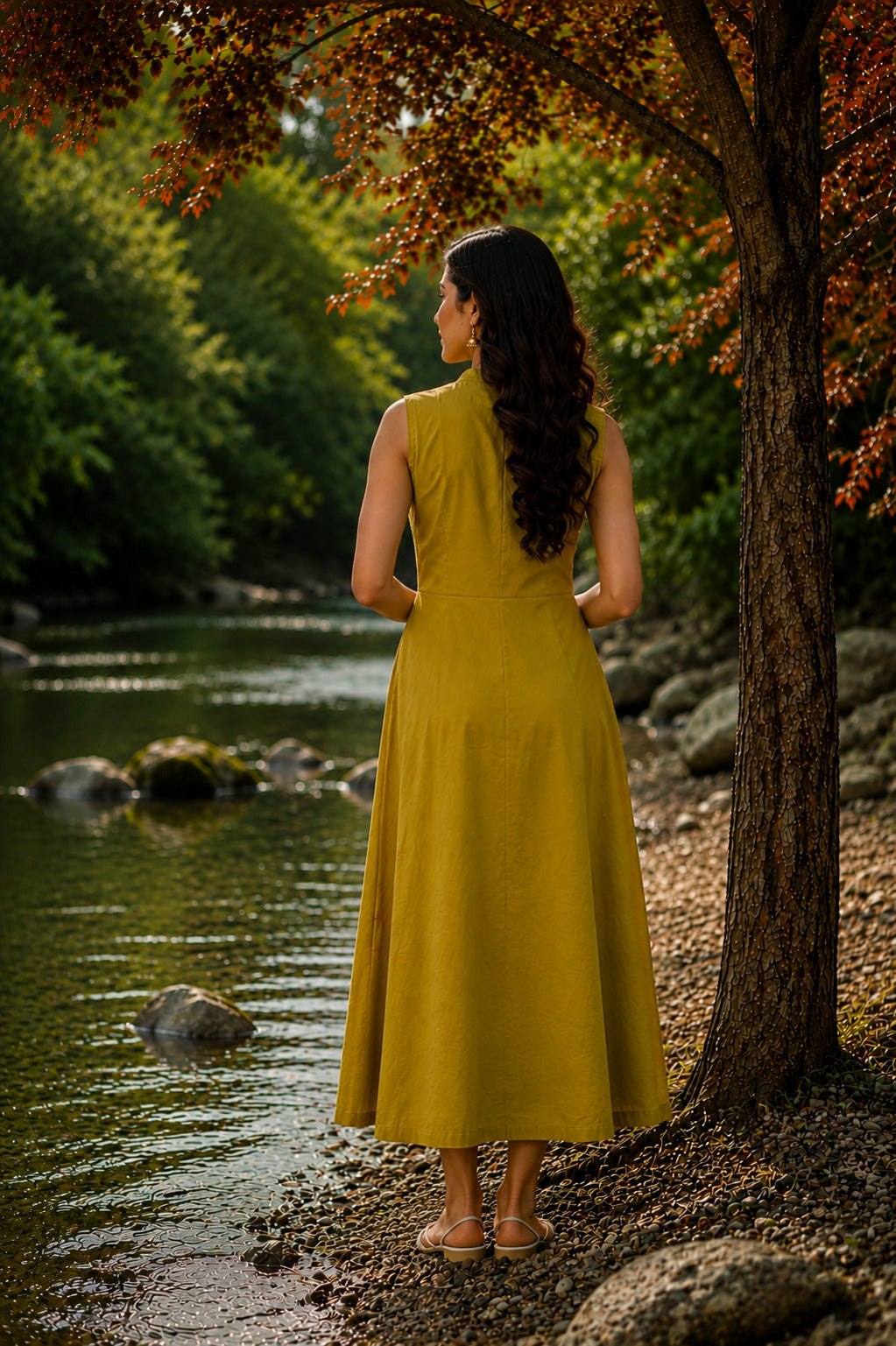 Women's Green Floral Embroidered Halterneck Dress