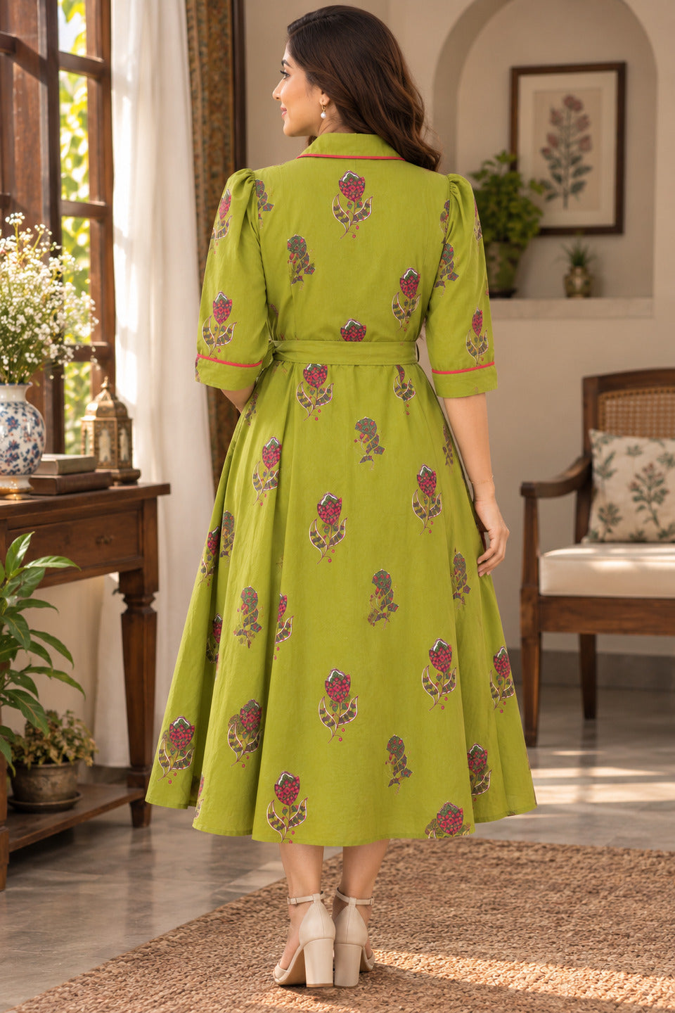 Women's Green Lapel Collar Dress