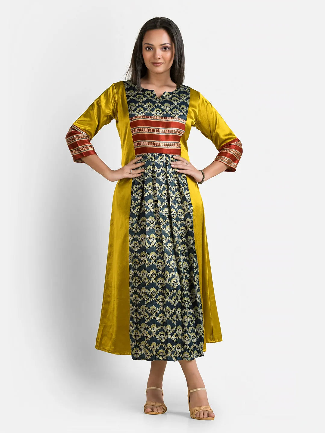 Women's Yellow Mashru Silk Dress - Crazy Needle Online
