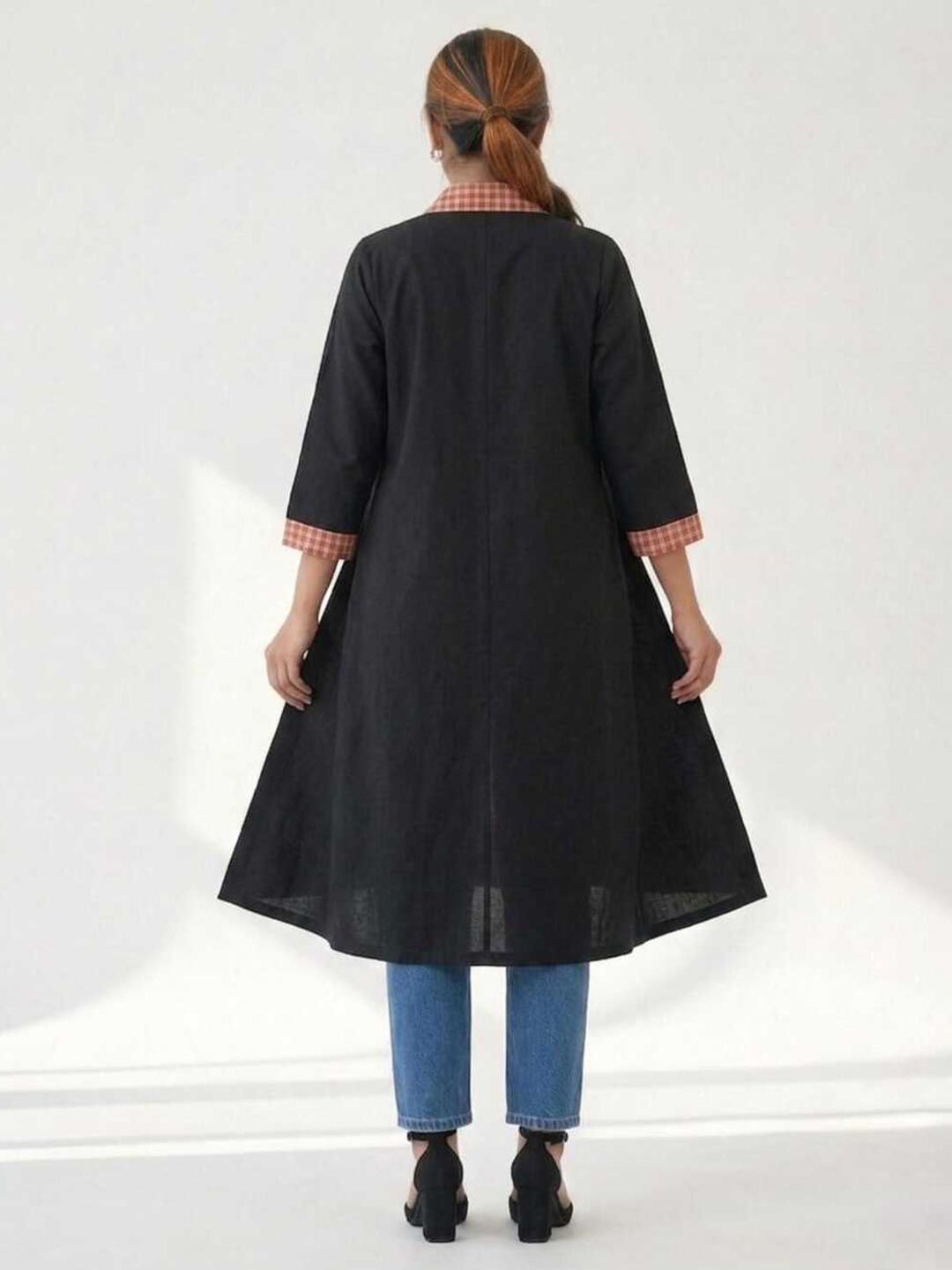 Women's black long cotton shrug by Crazy Needle, full-length open-front design